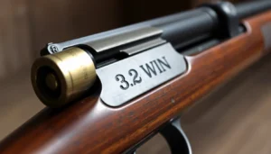 Vintage Winchester rifle with 32WIN cartridge ready for hunting, showcasing classic firearm details for collectors.