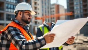 Experienced contractor evaluating construction progress on-site with blueprints and safety equipment for quality assurance.