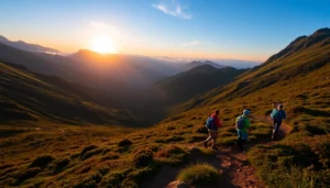 Hikers enjoying a scenic hike through tropical mountains in Lombok, Indonesia, with lush greenery and clear trails.