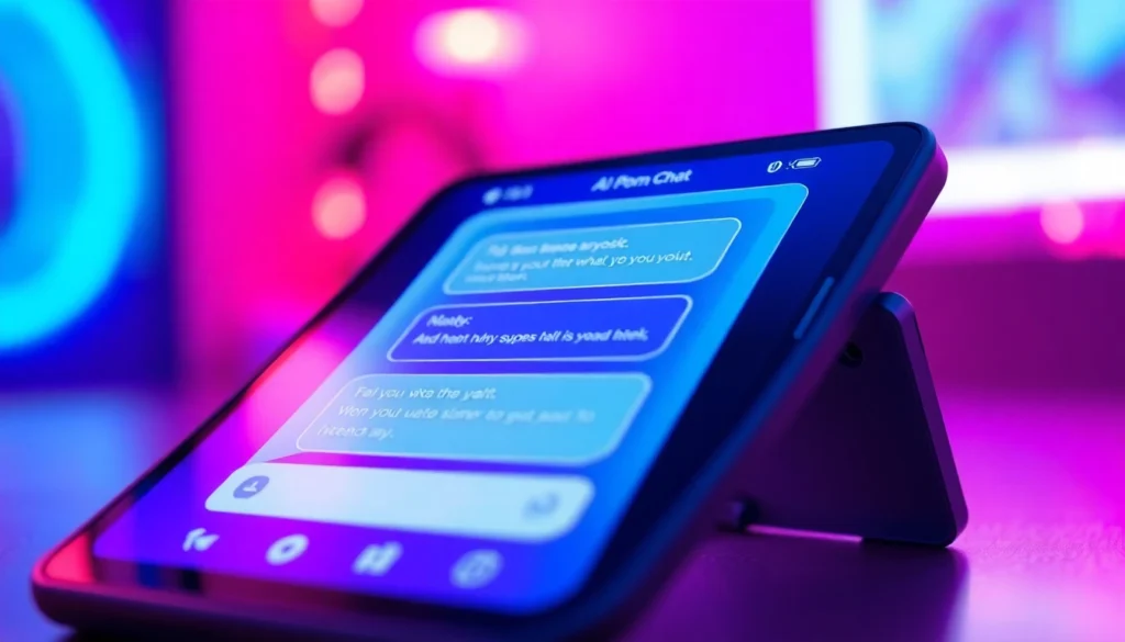 Close-up of a futuristic device screen displaying an AI porn chat conversation in a neon-lit environment.
