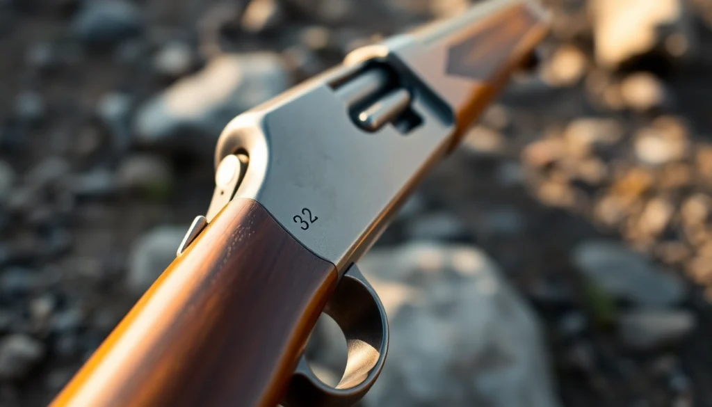 Detailed shot of a .32WIN Winchester rifle cartridge and lever-action firearm, emphasizing craftsmanship and historical design.