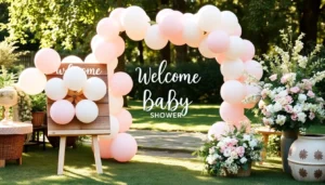 Create a welcoming scene with a baby shower welcome sign decorated with pastel flowers and balloons for a festive celebration.