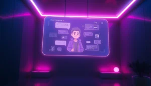 An immersive digital scene of an AI character chat interface with holographic visuals and vibrant neon lighting, emphasizing advanced AI storytelling features.