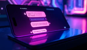 A close-up of a futuristic device screen showing a vibrant AI chat interface with visual responses and expressive text bubbles.