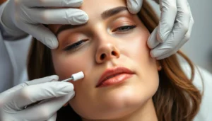 Fadenlifting Zürich: experienced practitioner performing facial skin tightening with resorbable threads in a professional clinic setting.