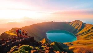 Hikers viewing Mount Rinjani's crater at sunrise with lush scenery and vibrant sky