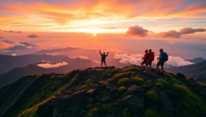 An epic sunrise view from Mount Rinjani's summit with hikers celebrating on the crater rim, showcasing volcanic terrain, lush greenery, and a colorful sky.