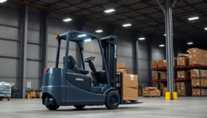 Efficient forklift rental services showcasing a maneuvering forklift in a busy warehouse environment, perfect for heavy load handling.