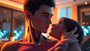 An intimate digital scene of an AI character and a user in a cozy, modern setting with warm lighting and realistic textures.