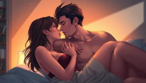 Realistic digital illustration of two intimate characters in a cozy bedroom setting