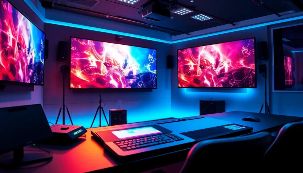 Stunning Medientechnik Köln showcasing a professional event setup with screens, lighting, and sound gear for immersive presentations and conferences.