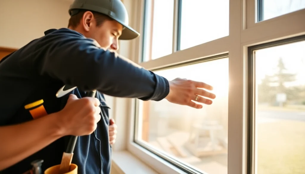Replacement window installers near me installing energy-efficient windows in a modern home.