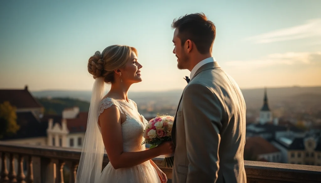 Couple celebrating their mariage liège with a scenic city view, captured in natural lighting for timeless memories