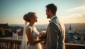 Couple celebrating their mariage liège with a scenic city view, captured in natural lighting for timeless memories