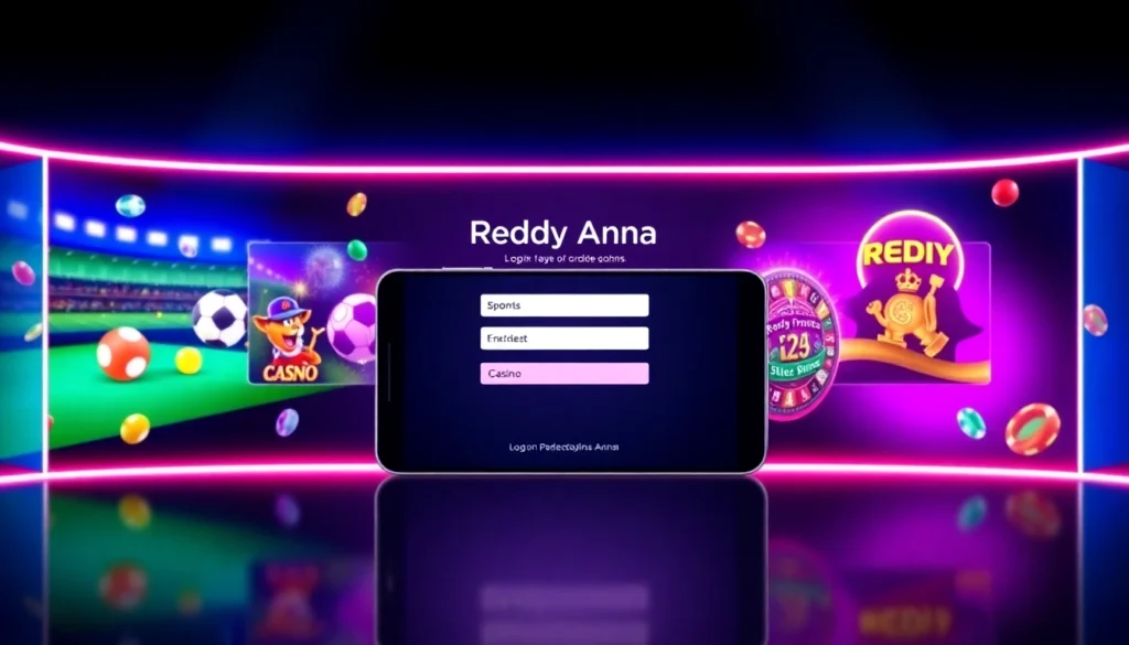 An action shot of a user logging into Reddy Anna Login on a smartphone with sports and casino graphics, emphasizing easy access and secure login features.