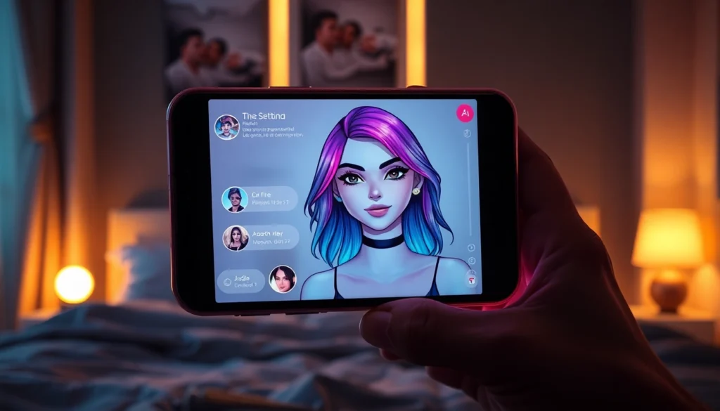 Close-up of a smartphone displaying a vibrant AI sexting chat with customizable digital characters in a modern bedroom setting.