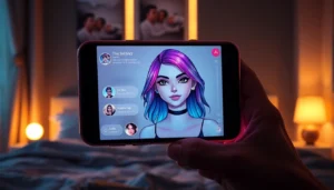 Close-up of a smartphone displaying a vibrant AI sexting chat with customizable digital characters in a modern bedroom setting.