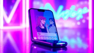 Futuristic AI sexting app interface on smartphone with animated avatars and neon background.