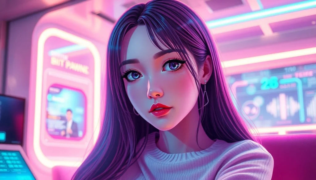 Futuristic AI girlfriend sitting in a modern room with vibrant lighting and holographic interfaces.