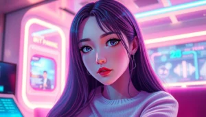 Futuristic AI girlfriend sitting in a modern room with vibrant lighting and holographic interfaces.
