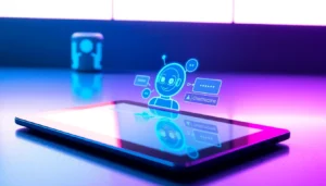A modern AI chatbot interface on a tablet with neon accents and a friendly AI character avatar, set in a sleek tech workspace.