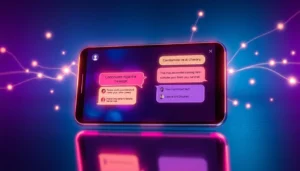 Futuristic digital chat interface on a sleek device screen with glowing speech bubbles and abstract connectivity elements.