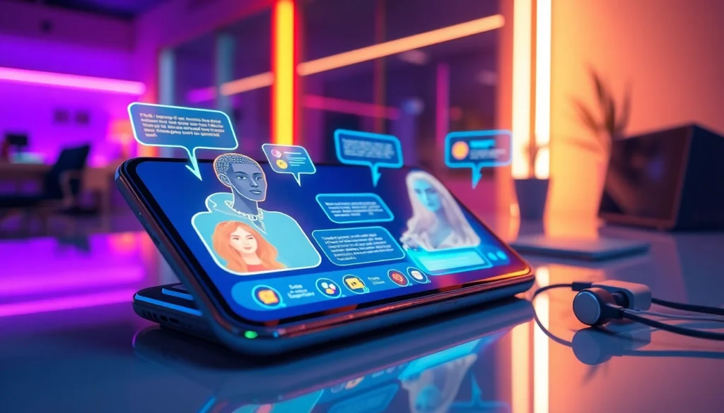 Futuristic digital chat interface with holographic AI avatars on a modern device