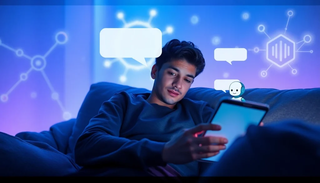 Person interacting with a friendly AI chatbot on a modern device in a cozy, futuristic room.
