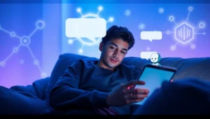Person interacting with a friendly AI chatbot on a modern device in a cozy, futuristic room.
