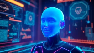 A futuristic digital illustration of a friendly AI avatar with neon accents against a high-tech background.
