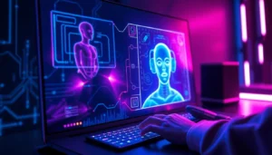 Futuristic holographic AI chatbot interface with neon colors and digital textures