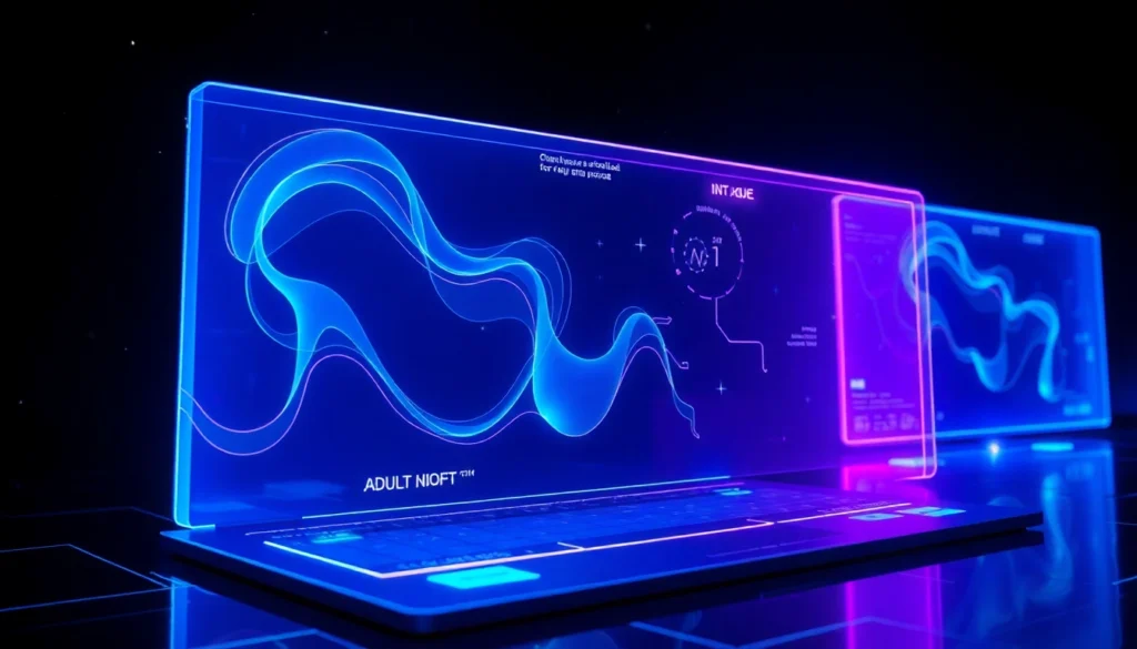 Futuristic AI interface with holographic data streams and digital characters in a space-inspired environment.