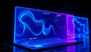 Futuristic AI interface with holographic data streams and digital characters in a space-inspired environment.