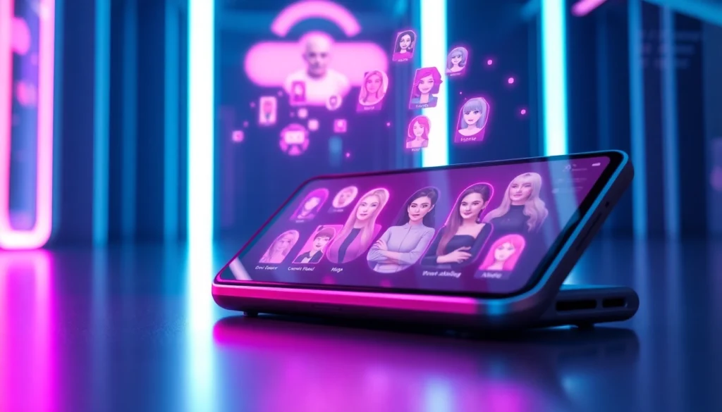 Futuristic AI chatbot interface on a modern device with holographic characters and neon-lit background