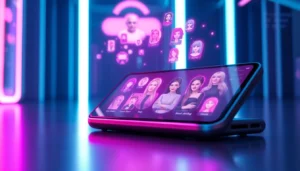 Futuristic AI chatbot interface on a modern device with holographic characters and neon-lit background