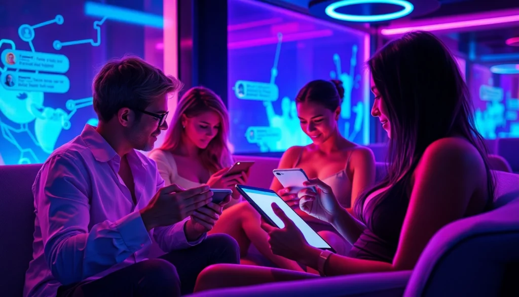 People engaging in intimate conversations on devices in a high-tech, neon-lit lounge, highlighting adult AI interaction themes.