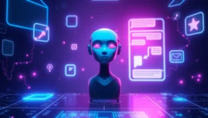 Futuristic digital chat environment with an AI character glowing in neon lights