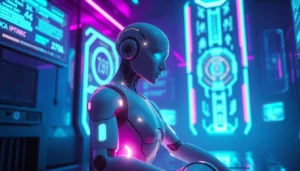 Futuristic AI character with glowing accents in a cyberpunk-inspired digital environment