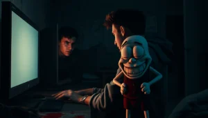 A disturbing scene of a distressed person facing a cheerful but unsettling cartoon character in a dark, gritty room, highlighting moral conflict and psychological horror.