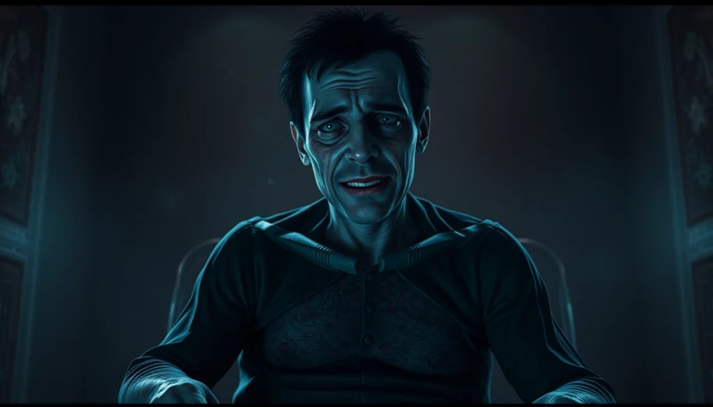 A distressed Harvey showing pain and fear in a dark, gritty setting, emphasizing the game's psychological horror theme.