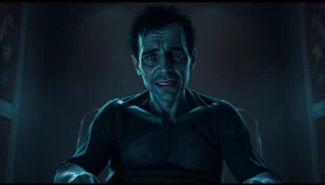 A distressed Harvey showing pain and fear in a dark, gritty setting, emphasizing the game's psychological horror theme.