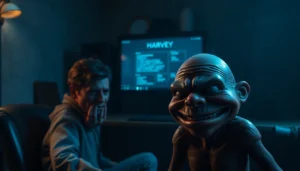 An unsettling image of a distressed character in a dark room, facing a suffering Harvey, with eerie lighting and a tense, claustrophobic atmosphere.