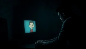 A distressed man staring at a computer screen with Harvey, a cheerful but suffering character, in a dark, tense room.
