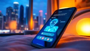 Futuristic AI chat interface on a smartphone with a friendly AI character in a cozy, neon-lit urban setting.