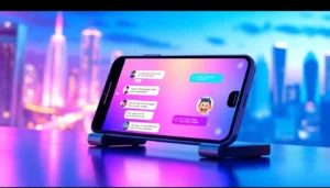 A futuristic mobile chat interface with an animated AI character in a neon-lit cityscape background.