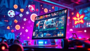 Digital scene of an online sportsbook and casino platform with sports icons and betting interfaces.