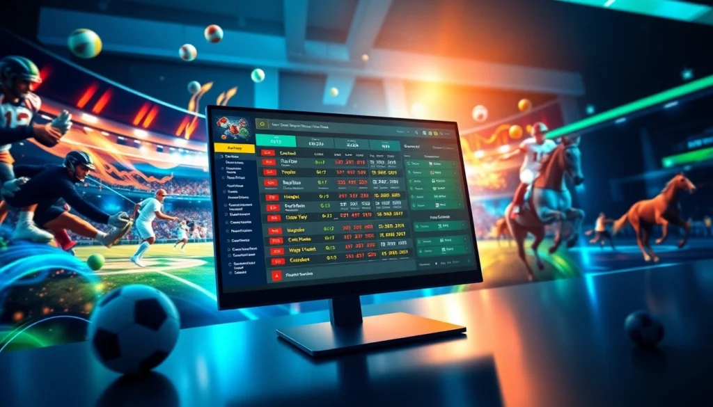 Digital sportsbook interface with sports imagery and betting odds on a modern screen
