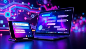 Futuristic digital devices showcasing AI chat interfaces with vibrant neon accents and data streams
