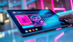 Futuristic chatbot interface on a tablet with an attractive AI character and vibrant neon colors.
