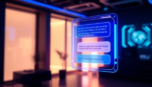 Futuristic digital chat interface with glowing holographic elements and intimate conversation bubbles.